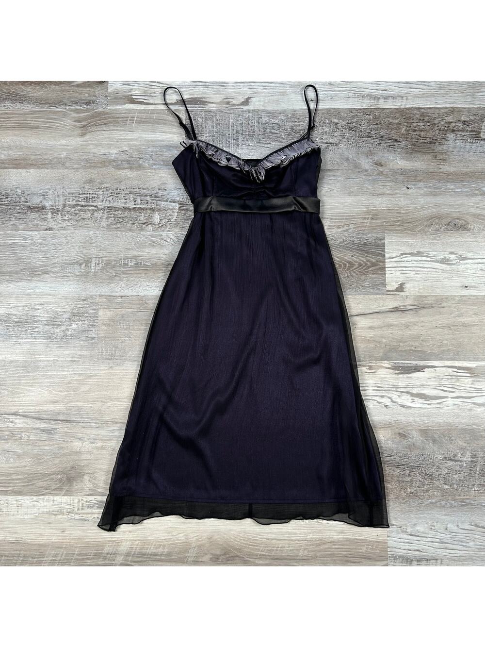 Ana Alcazar Black Silk Midi Dress with Sheer Overlay & Feather Trim Coquette